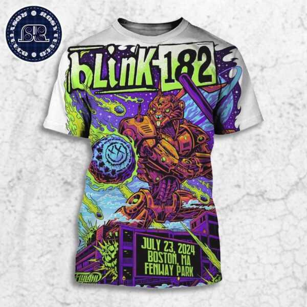 Blink 182 Concert Poster Tonight At Fenway Park In Boston MA Giant Robot Rabbit Defending The Ballpark On July 23 One More Time Tour 2024 All Over Print Shirt