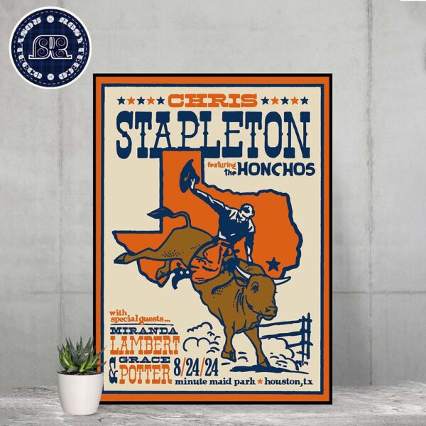 Chris Stapleton With Special Guests Miranda Lambert And Grace Potter Official Poster For Houston TX At Minute Maid Park On August 24 2024 Home Decor Poster Canvas