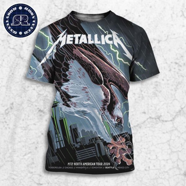 Metallica M72 North American Tour 2024 Pop-up Shop Poster For M72 Seattle In WA US At Lumen Field On August 30 And September 1 Bald Eagle Artwork All Over Print Shirt