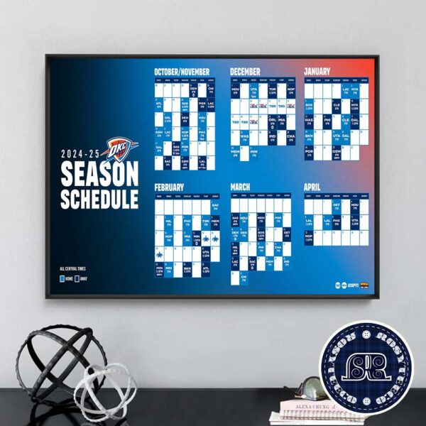 Oklahoma City Thunder Official NBA Schedule 2024-2025 Regular Season Poster Canvas Decor